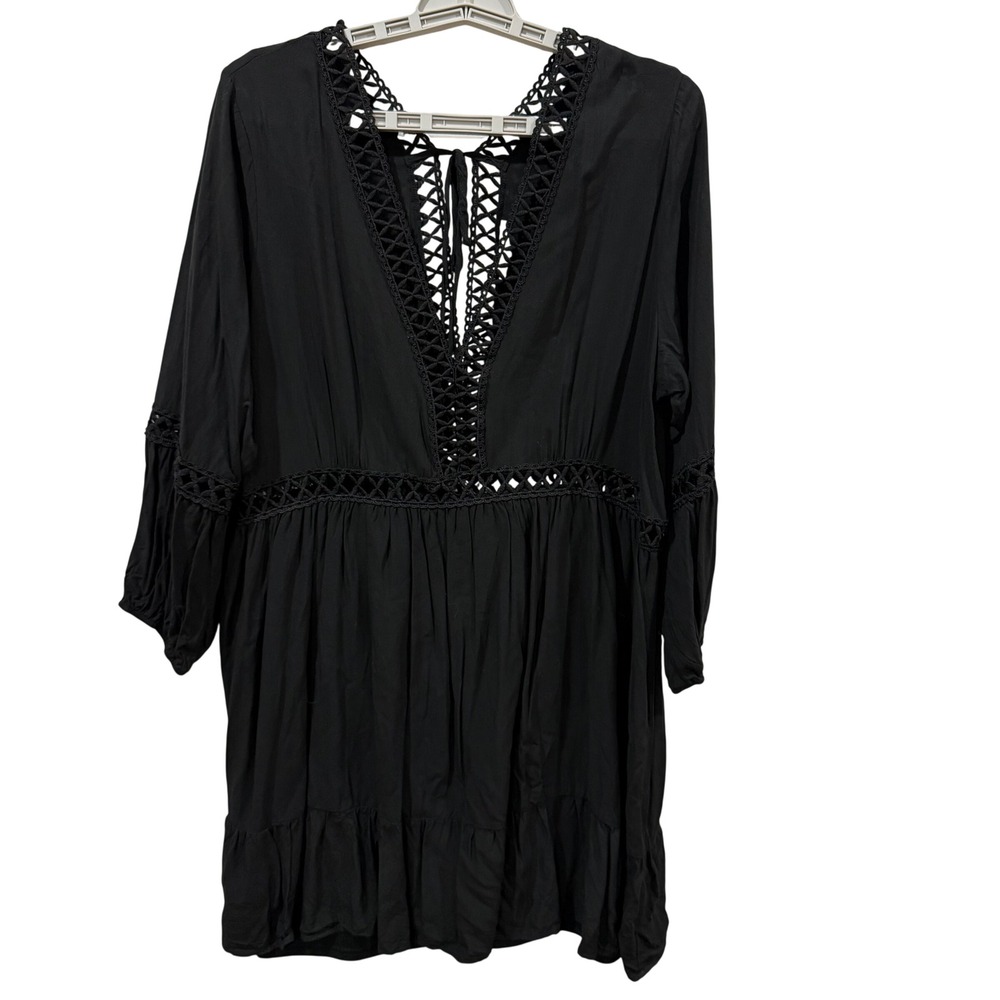 Haute Curve Black Crochet Trim‎ V-Neck Mini Dress Plus 1X Boho Long Sleeve